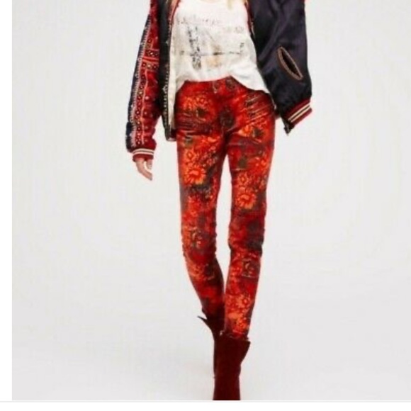 FREE PEOPLE orange velvet floral high waist pants - Picture 2 of 11